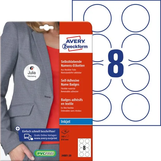 AVERY Zweckform Inkjet-Namens-Etiketten 65 mm, rund, weiß