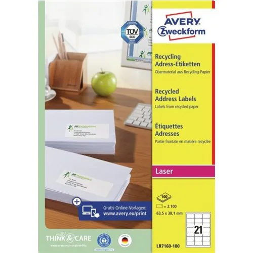 AVERY LR7160-100 Recycling-Adressetiketten 63,5 x 38,1 mm weiß