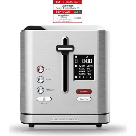 Gastroback Design Toaster Digital 2S 2-Schlitz-Toaster mit Brötchenaufsatz