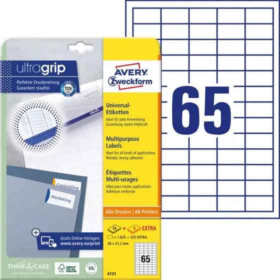 Avery Zweckform Ultragrip Etiketten 38 x 21,2 mm weiß 1.950 Stück