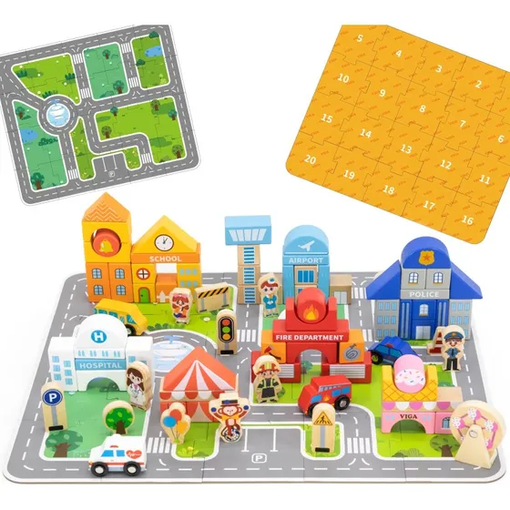 Viga Holz-Bauset Stadt mit Puzzle-Unterlage