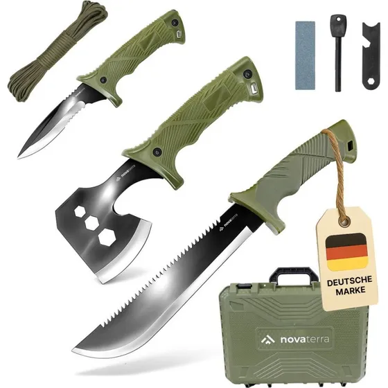 NovaTerra Axt-Messer-Säge Set 7-teilig inkl. Paracord & Feuerstahl