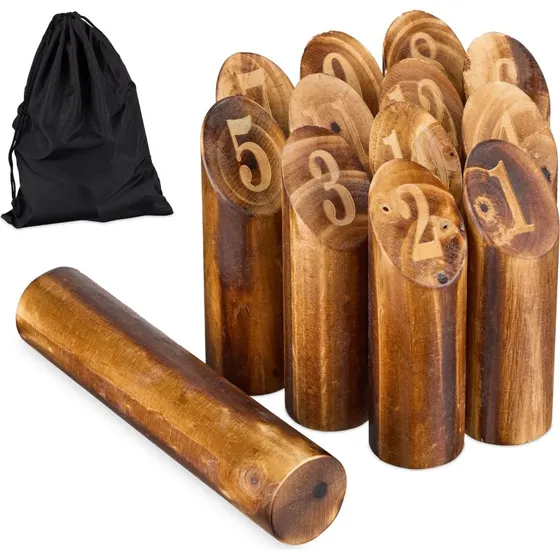 Kubb Wikingerspiel mit Tasche geflammtes Kiefernholz