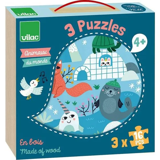 Vilac 3 Holzpuzzle Tiere der Welt – 16 Teile