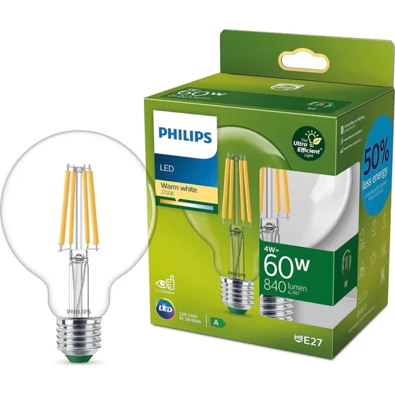 Philips LED Filament Globe G95 E27 4W warmweiß klar