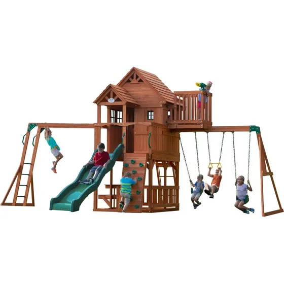 Backyard Skyfort II Spielturm aus Holz mit Rutsche, Schaukel & Kletterwand – Braun, 670 cm