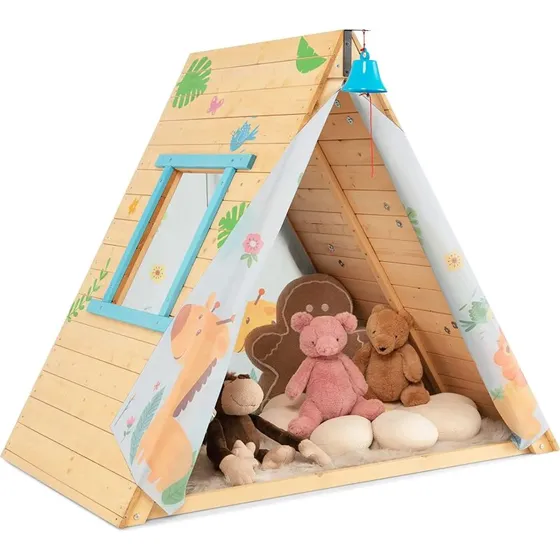 Kinderzelt Holz Spielhaus 2-in-1 mit Kletterwand, 115 x 77 x 100 cm