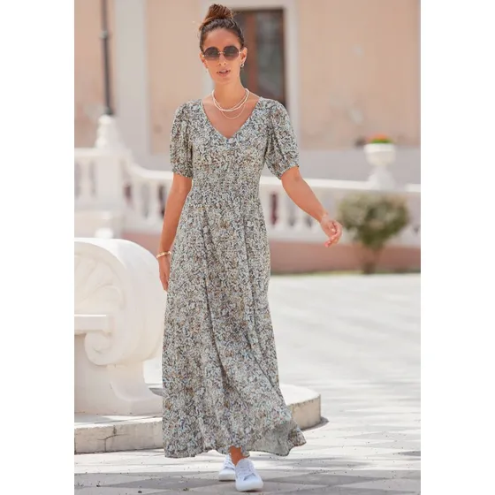 VIVANCE Maxikleid mit Alloverdruck und Smoktaille