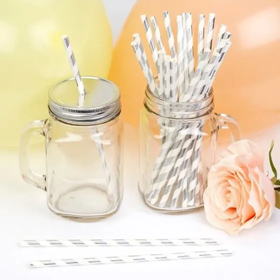 Silber Metallic Gestreifte Papierstrohhalme 25 Stck
