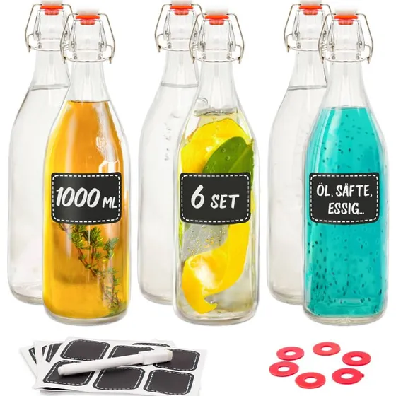 Praknu 6er Set Glasflaschen 1L mit Bügelverschluss