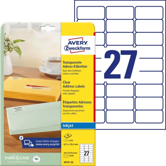 AVERY Zweckform Transparente Adress-Etiketten 63,5 x 29,6 mm