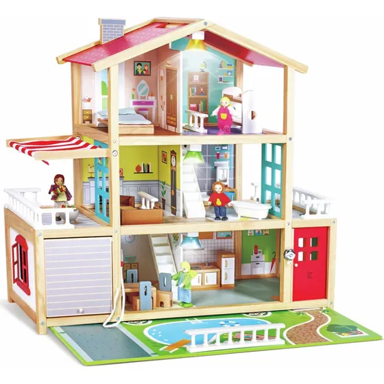 Hape Puppen-Villa inkl. Möbel, 3 Stockwerke, Holz