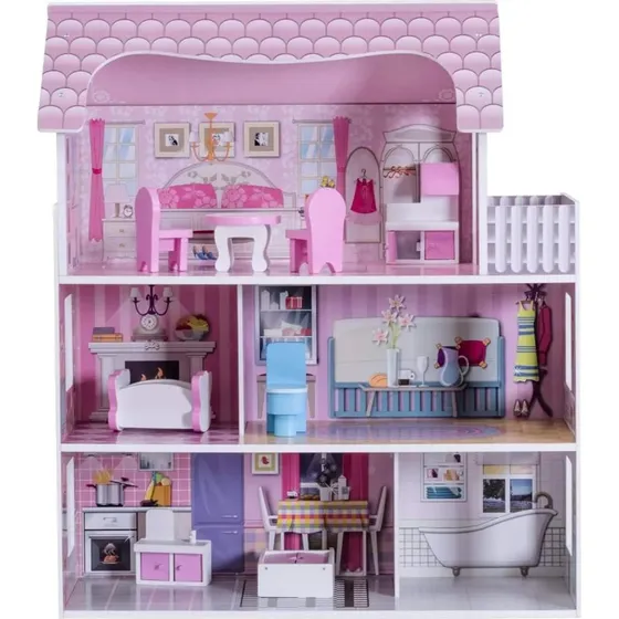 Holz Puppenhaus 3 Etagen mit Möbeln, 61x26,5x71 cm