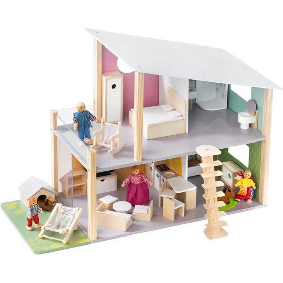 howa Puppenhaus Nelly aus Holz, 2-stöckig, 23-teiliges Möbelset, 4 Puppen, Hund