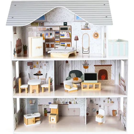 ECOTOYS Emma Puppenhaus mit Möbeln, 3 Etagen