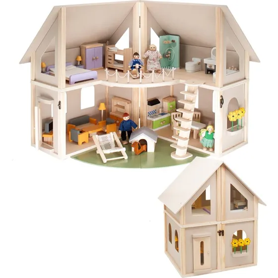 howa Puppenhaus aus Holz klappbar 7016 mit 30tlg. Möbelset, 4 Puppen & Hund