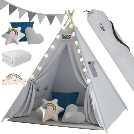 Spielwerk Kindertipi Grau 160x130x130 cm mit Lichterkette & Matte