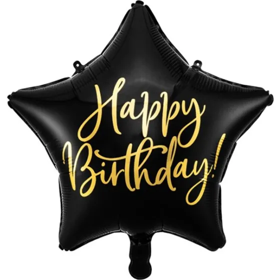 PartyDeco Happy Birthday Stern Folienballon schwarz gold 40cm