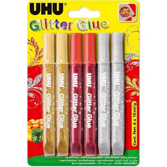 UHU Glitter Glue 6 x 10 ml (Gold, Rot, Silber)