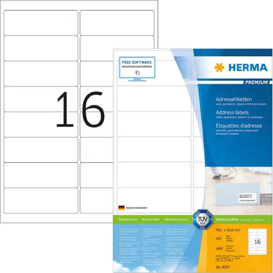 HERMA Premium Adressetiketten 4267, 99,1 x 33,8 mm, weiß, 1600 St.