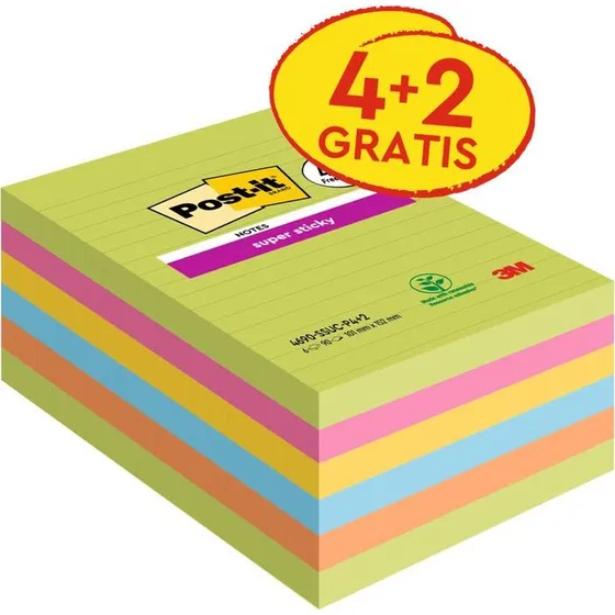 3M Post-it Super Sticky Notes Großformat, 101x152 mm, 6 Blöcke, liniert, verschiedene Farben