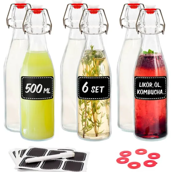 Praknu 6er Set Glasflaschen 500ml mit Bügelverschluss