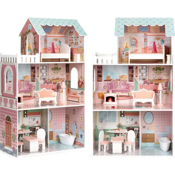 ECOTOYS Großes Puppenhaus mit 9 Holzmöbeln, 3 Etagen, ab 3 Jahren
