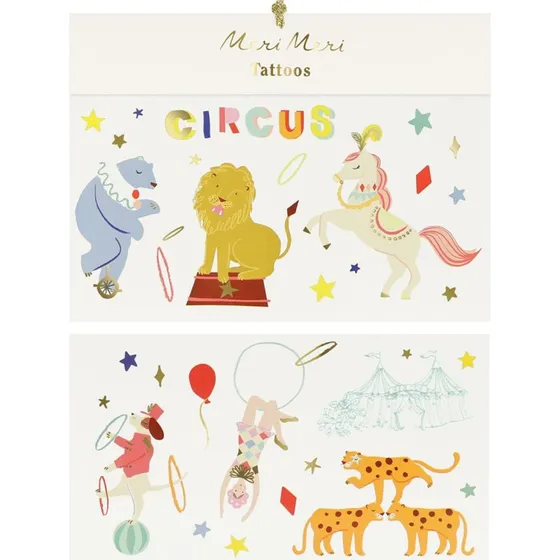 Meri Meri Zirkus Tattoos 2 Bgen mit Goldglanz
