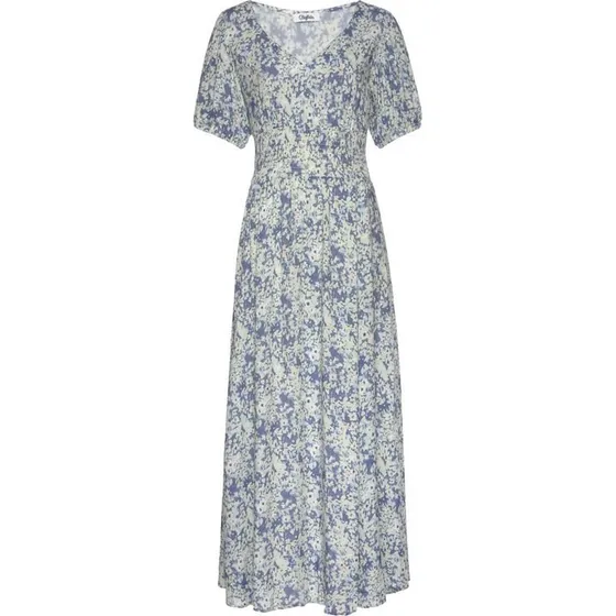 Buffalo Maxikleid blau mit Blumendruck, V-Ausschnitt, Sommerkleid