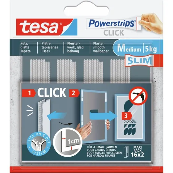 tesa Powerstrips CLICK schmale Klett-Klebepads, 16 Stück
