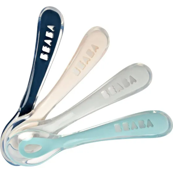 Béaba Silikonlöffel 4er Pack 2. Altersstufe Dunkelblau/Weiß/Grau/Wassergrün