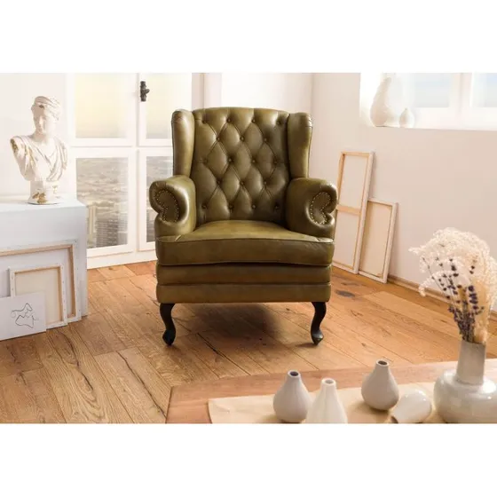 Chesterfield Echtleder-Ohrensessel grn #301