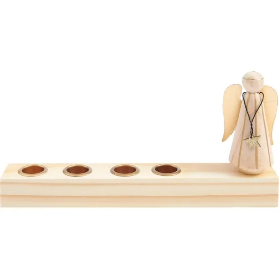 Holz-Adventskerzenhalter mit Engel, 27x4,5x13cm, Natur