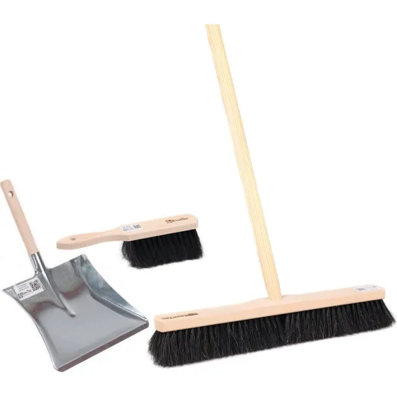 Naturhaar-Besen Kehrset 4tlg. mit Rosshaar, Stiel & Kehrschaufel