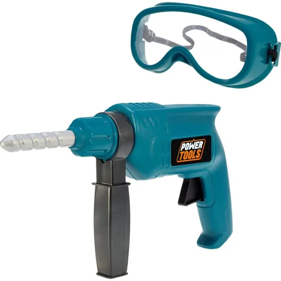 Baukasten-Bohrmaschine mit Schutzbrille, blaugrün