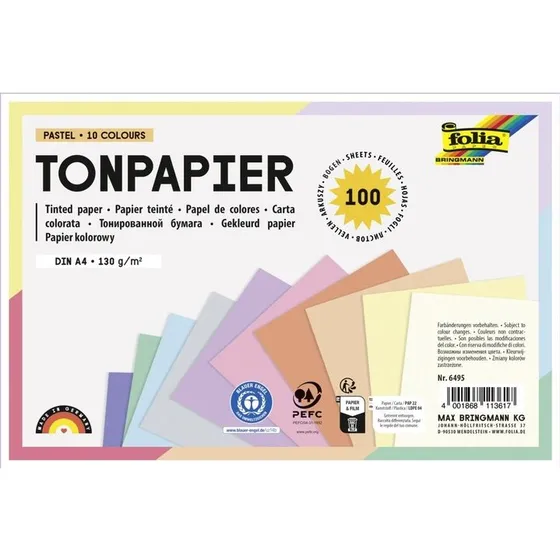 folia Tonpapier Pastell DIN A4, 130 g/m², 100 Blatt sortiert
