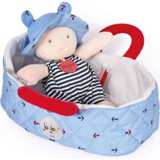 Mathis Baby Plüschpuppe im gesteppten Korb, 20 cm, Rosa