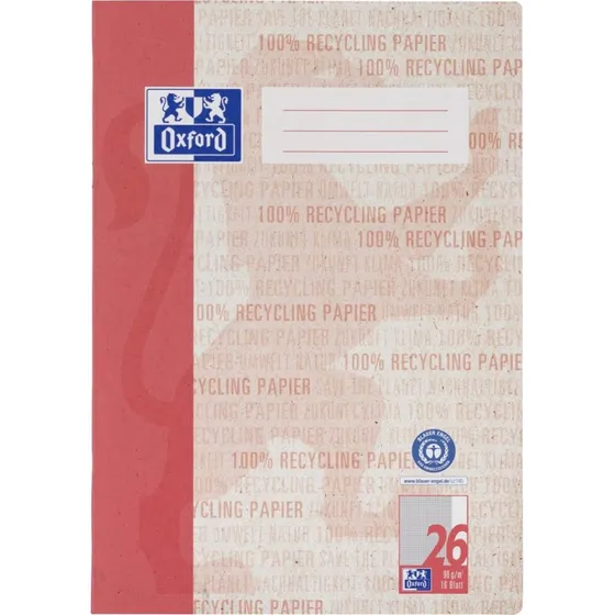 Oxford Recycling Schulheft A4, 16 Blatt, Lineatur 26 (kariert, rot)