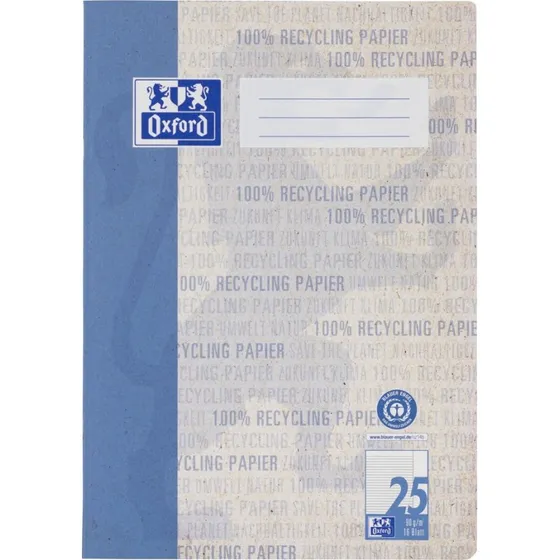 Oxford Recycling Schulheft A4, 16 Blatt, Lineatur 25, Blau