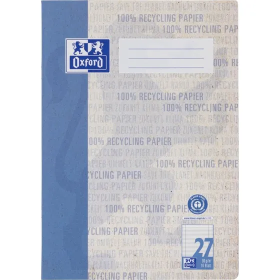 OXFORD Recycling Schulheft A4, 16 Blatt, Lineatur 27, Blau