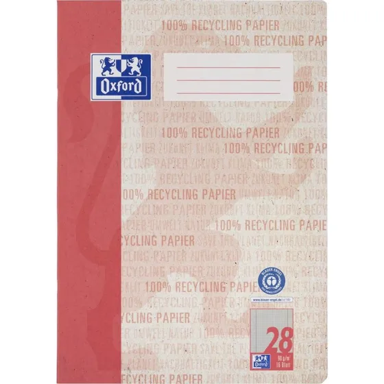 OXFORD Recycling Schulheft A4, 16 Blatt, Lineatur 28, Rot