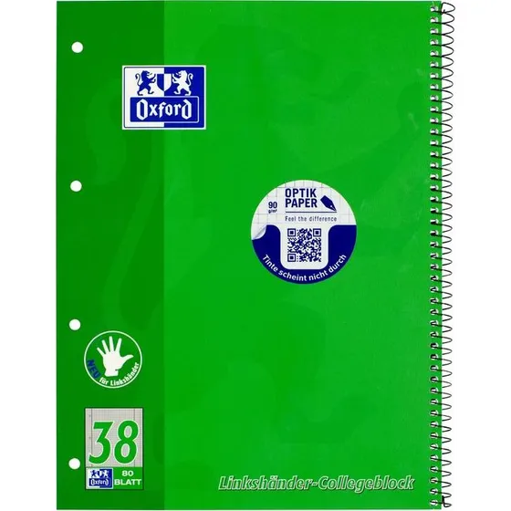 Oxford Linkshänder-Collegeblock A4+ kariert grün 80 Blatt