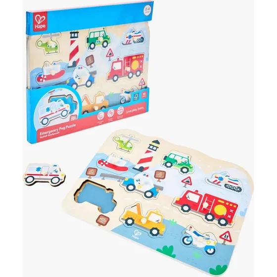 Hape Knopfpuzzle Einsatzfahrzeuge - 10-teiliges Holz-Steckpuzzle