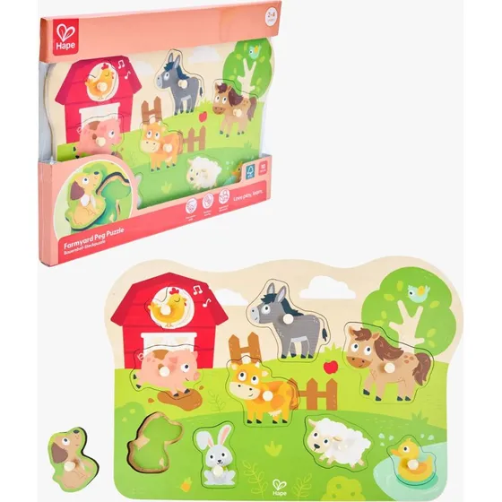 Hape Knopfpuzzle Bauernhoftiere - 10-teiliges Holz-Steckpuzzle