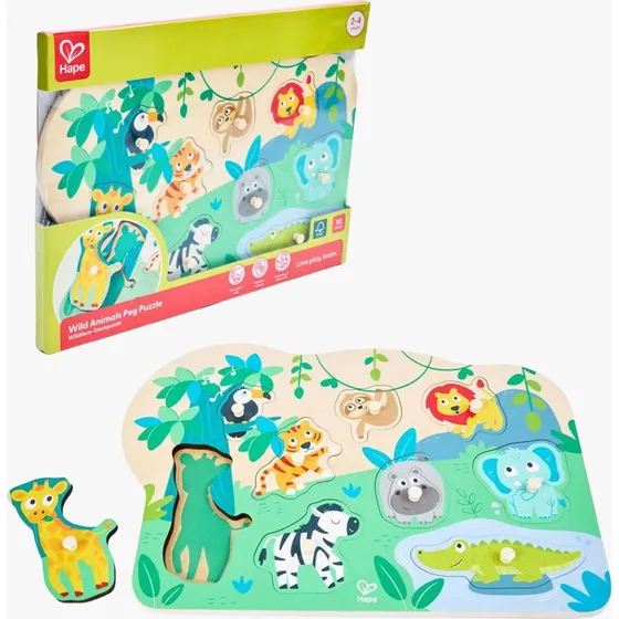 Hape Knopfpuzzle Wilde Tiere - Holz-Steckpuzzle mit 10 Teilen