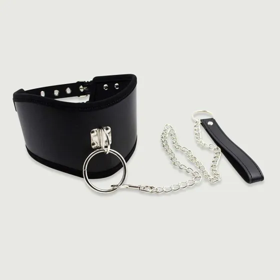 Sexopolis Breites Lederhalsband mit Doppelschnalle und Leine - Schwarz