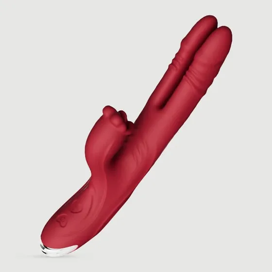 Zwei Finger Thruster Silikon Rabbit Vibrator mit Klitoris-Stimulator - Rot