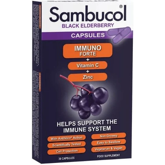 Sambucol Immuno Forte: Schwarzer Holunder, Vitamin C & Zink (30 Kapseln)