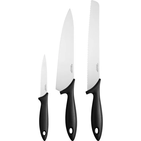 Fiskars Essential Starter-Set 3-teilig (Kochmesser, Brotmesser, Gemüsemesser)