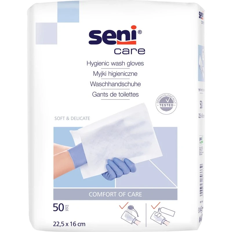 Seni Care Hygienewaschhandschuhe unfoliert, 50 Stück, 22,5 x 16 cm